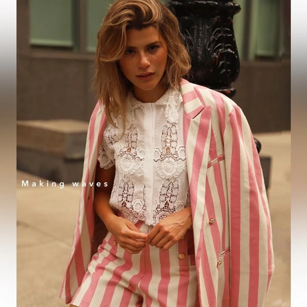 MIGUELINA *Chiara* pink ivory stripe double breasted blazer jacket XS - Picture 2 of 11